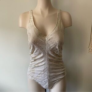 Vintage Gottex Designer One Piece Swimsuit Cream Gold Foil Metallic Paisley